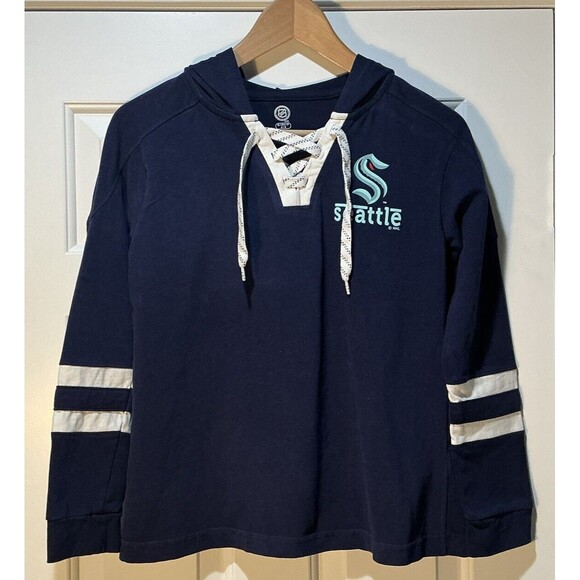 NHL Seattle Kraken Long Sleeve Laced Hooded Shirt Blue Women's Size Small - Picture 1 of 4